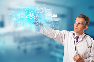 Doctor touching hologram screen displaying healthcare running symbols