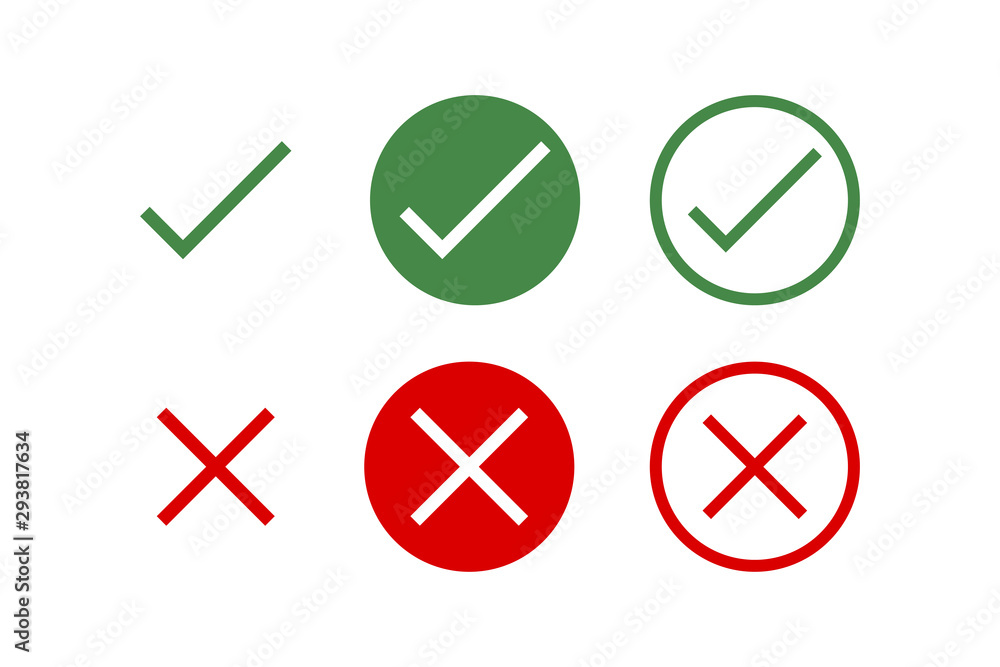 Poster green check mark and red cross mark icons set vectors