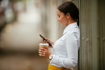 Fototapeta na wymiar Young businesswoman using phone on coffee break