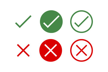 Green Check Mark and Red Cross Mark Icons Set Vectors