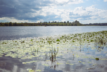 Riverbank, green algae, thunderstorm clouds