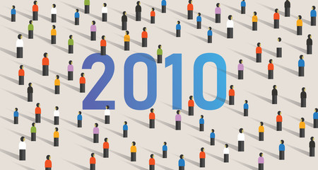 Year 2010 text among crowd large diverse audience together group of people