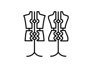 Male & female dressmaking adjustable mannequin with base stand. Sign of tailor dummy. Display body, torso. Professional dress form. Line icon. Vector illustration