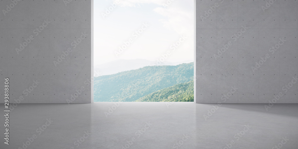 Poster Abstract of concrete interior with sun light cast the shadow on the floor ,Geometric structure design,Museum space on mountains view background, Perspective of brutalism  architecture,3d rendering	