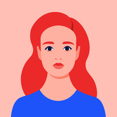 Portrait of a redhead woman. Avatar of a girl. Colorful portrait. Student of the university. Vector flat illustration