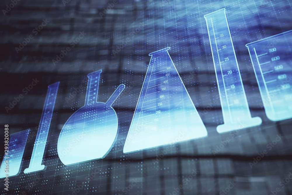 Poster flasks hologram with abstract background. multi exposure. concept of study