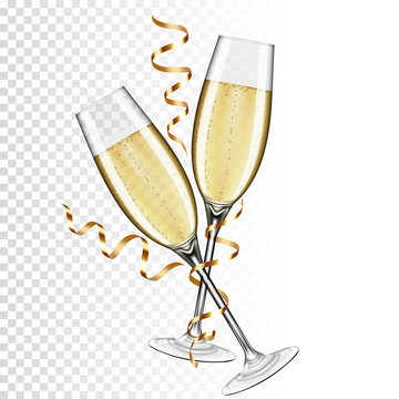 Two Glasses Of Champagne, Isolated On Transparent Background.