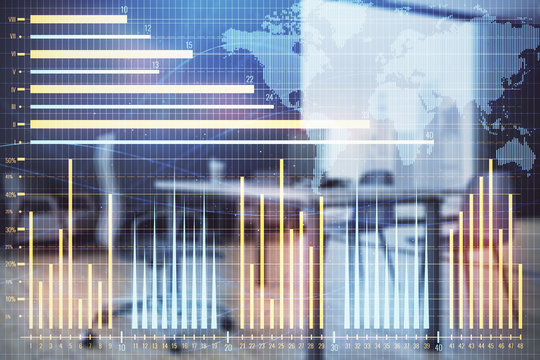 Forex chart hologram with map and minimalistic cabinet interior background. Double exposure. International business concept.