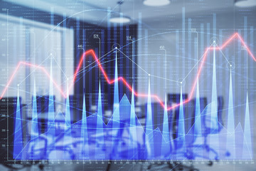 Double exposure of forex chart on conference room background. Concept of stock market analysis