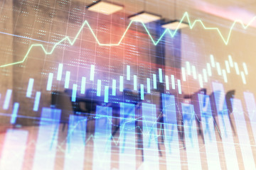 Multi exposure of stock market graph on conference room background. Concept of financial analysis
