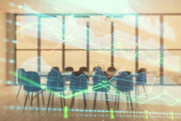 Multi exposure of stock market graph on conference room background. Concept of financial analysis