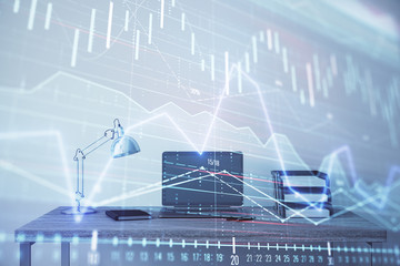 Stock market chart and desktop office computer background. Multi exposure. Concept of financial analysis.