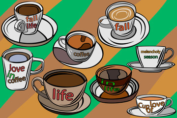 Set and background of stylish empty cups with tea or coffee. Autumn set of hot cups. Wallpaper of cups of coffee.