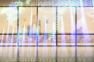 Double exposure of financial chart with world map on empty room interior background. International market concept.