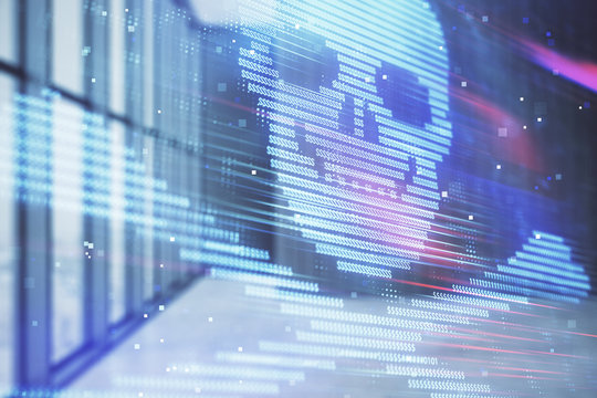 Double exposure of hacking theme drawings hologram on empty room interior background. Data security concept.