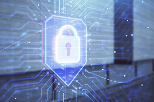 Double exposure of lock icon hologram on empty exterior background. Data security concept