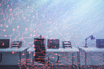 Technology theme drawing with office interior on background. Multi exposure. Concept of innovation