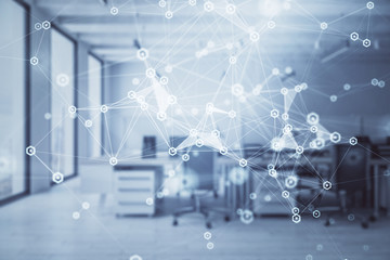 Technology theme drawing with office interior on background. Multi exposure. Concept of innovation