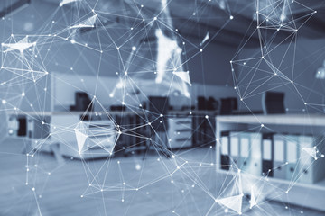 Technology theme drawing with office interior on background. Multi exposure. Concept of innovation
