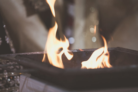 Indian Hindu Wedding Ritual Sacred Pooja Fire Close Up