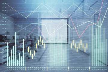 Fototapeta na wymiar Stock market chart with trading desk bank office interior on background. Double exposure. Concept of financial analysis