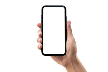Hand holding smartphone isolated on white background.