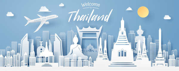 paper cut of thailand landmark, travel and tourism concept. - obrazy, fototapety, plakaty
