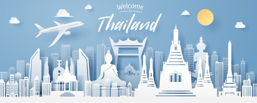 paper cut of thailand landmark, travel and tourism concept.