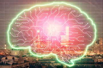 Double exposure of human brain drawing on Moscow cityscape background. Concept of data analysis