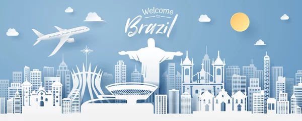 Fotobehang paper cut of Brazil landmark, travel and tourism concept. © Kannapat