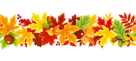 Vector horizontal seamless background with red, orange, yellow, green and brown autumn leaves.