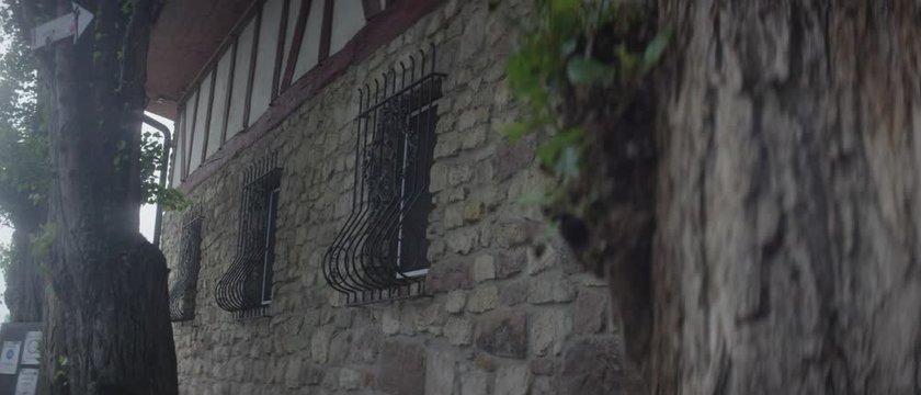 old wall of a timbering building with trees in front - altes Fachwerkgem&auml;ucher mit B&auml;umen davor