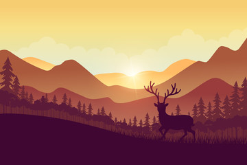 Fototapeta na wymiar Forest landscape with deer in autumn season.