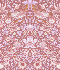 Vector seamless pattern with stylized flowers and birds. Blossom garden with birds and plants. Light floral wallpaper. Design for fabric, textile, wallpaper, cover.