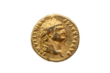 Roman gold aureus replica coin obverse of Roman Emperor Domitian AD 81-96  cut out and isolated on...
