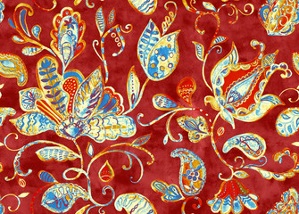 Paisley seamless hand painted water color floral pattern with amber flowers, flores, tulips. Grunge watercolor vintage oriental paisley print. Colorful whimsical dark red background for design.