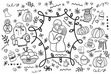 Couple in love. Gentle hugs. Attachment. Coloring page, Coloring book. Contour. Romance, comfort. Man and woman love each other. Cozy. Hygge - Vector. Vector illustration