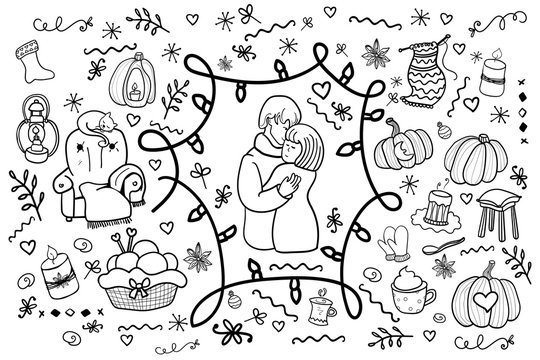 Couple in love. Gentle hugs. Attachment. Coloring page, Coloring book. Contour. Romance, comfort. Man and woman love each other. Cozy. Hygge - Vector. Vector illustration