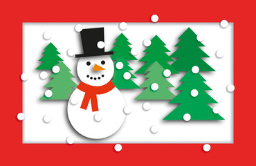 Christmas card with snowman, christmas trees and snowflakes with a wide red frame and drop shadow or cut out effect.