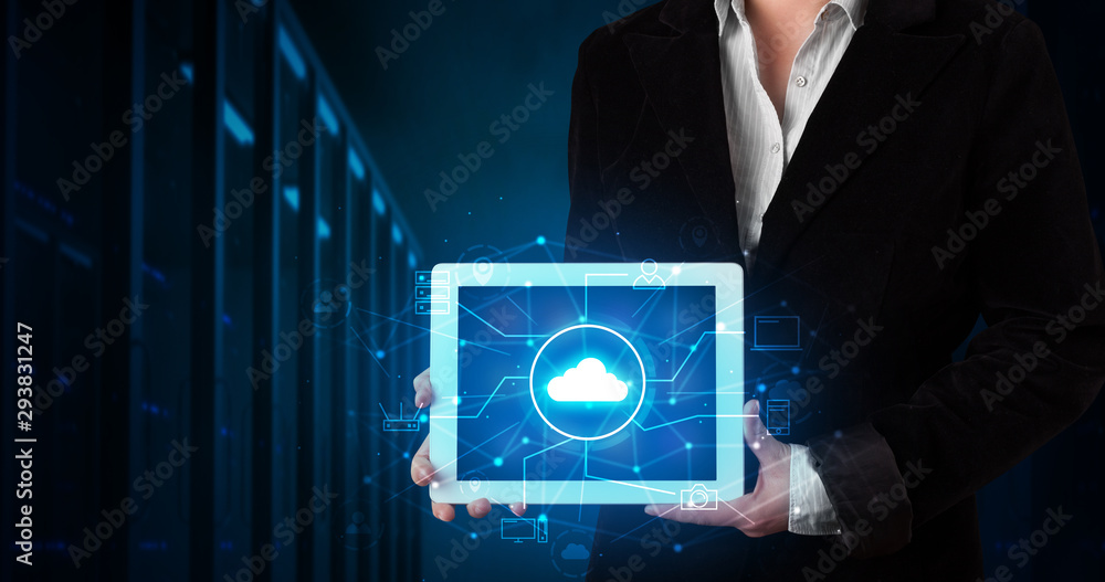 Poster formal hand in server room with virtual workspace concept