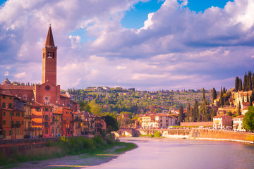 Obraz premium Verona, Italy. A scenic panoramic view of the river of Adige