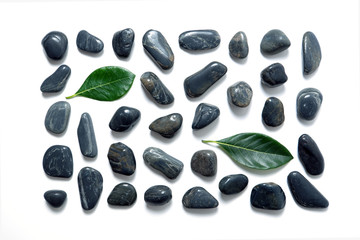 green leaves and black stones isolated on white background