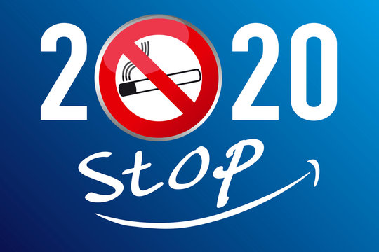 Carte de vœux 2020 sur le thème de la résolution d’arrêter de fumer, avec un panneau d’interdiction avec une cigarette, souligné par le mot Stop.
