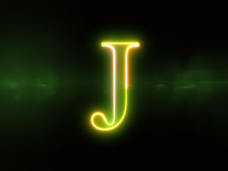 Letter J - green glowing outline alphabet symbol on green lens flare dark background