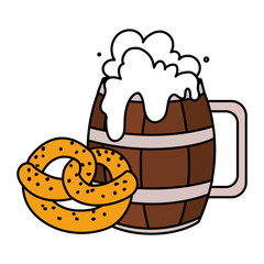 wooden beer mug with pretzel in white background