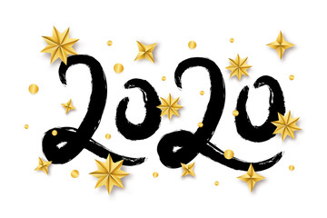Vector illustration with 2020 hand written lettering with golden Christmas stars isolated on white background. Trendy Happy New Year greeting banner, poster or card design.