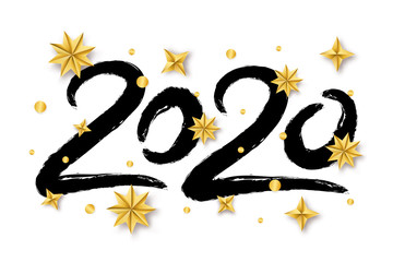 Vector illustration with 2020 hand written lettering with golden Christmas stars isolated on white background. Trendy Happy New Year greeting banner, poster or card design.
