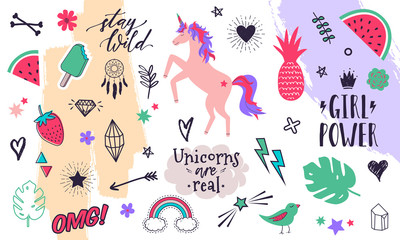 Vector collection of decorative design elements hand drawn in trendy doodle style - fruits, animals, plants, symbols. Colorful vector set for with handwritten phrases for T-shirt prints, posters