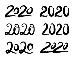 Vector set with hand drawn 2020 lettering designs isolated on white background. Collection of Happy New Year numbers