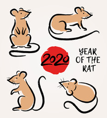 Vector set with hand drawn rats. Symbol Zodiac sign. Decorative elements for Chinese Happy New 2020 Year